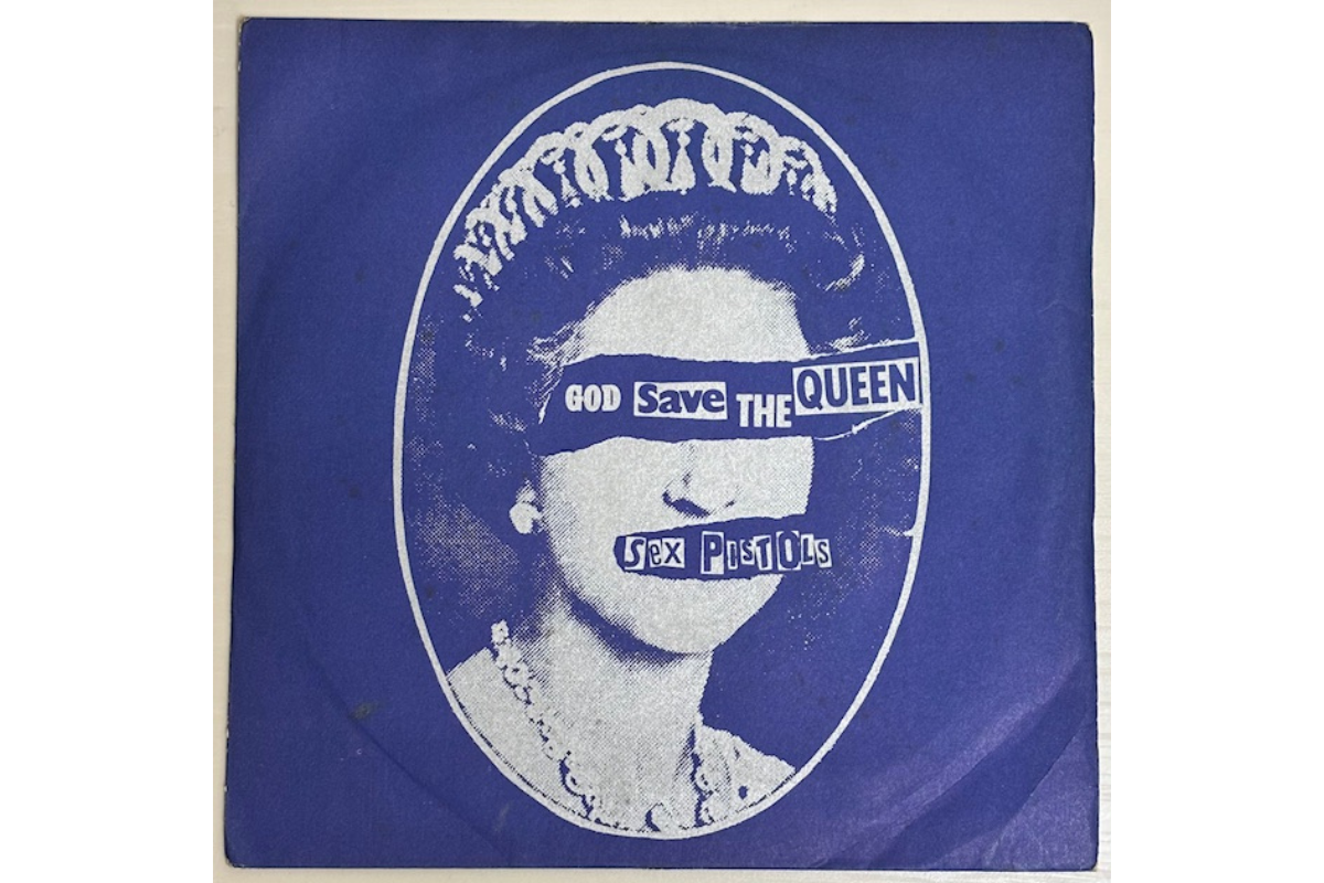 Variant UK cover of “God Save The Queen” by Sex Pistols with purple background and collage-style design
