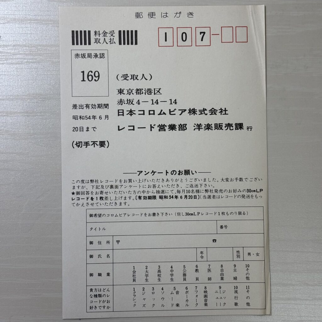 勝手にしやがれ レコードに付属していたアンケートはがきの写真