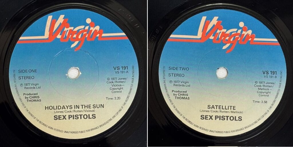 Label photo (front) of Holidays in the Sun by Sex Pistols (VS191)