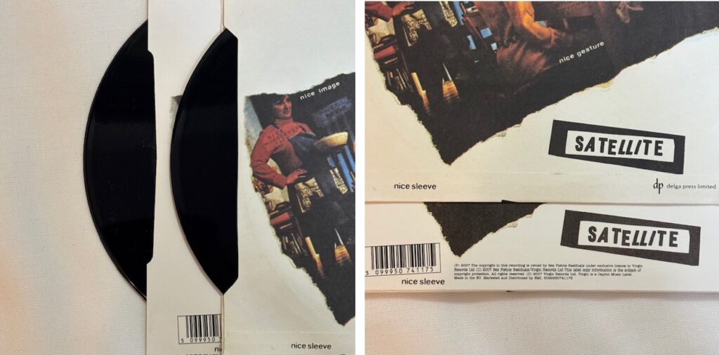 Comparison of sleeve photos (back) — original vs. reissue of Holidays in the Sun by Sex Pistols (VS191)