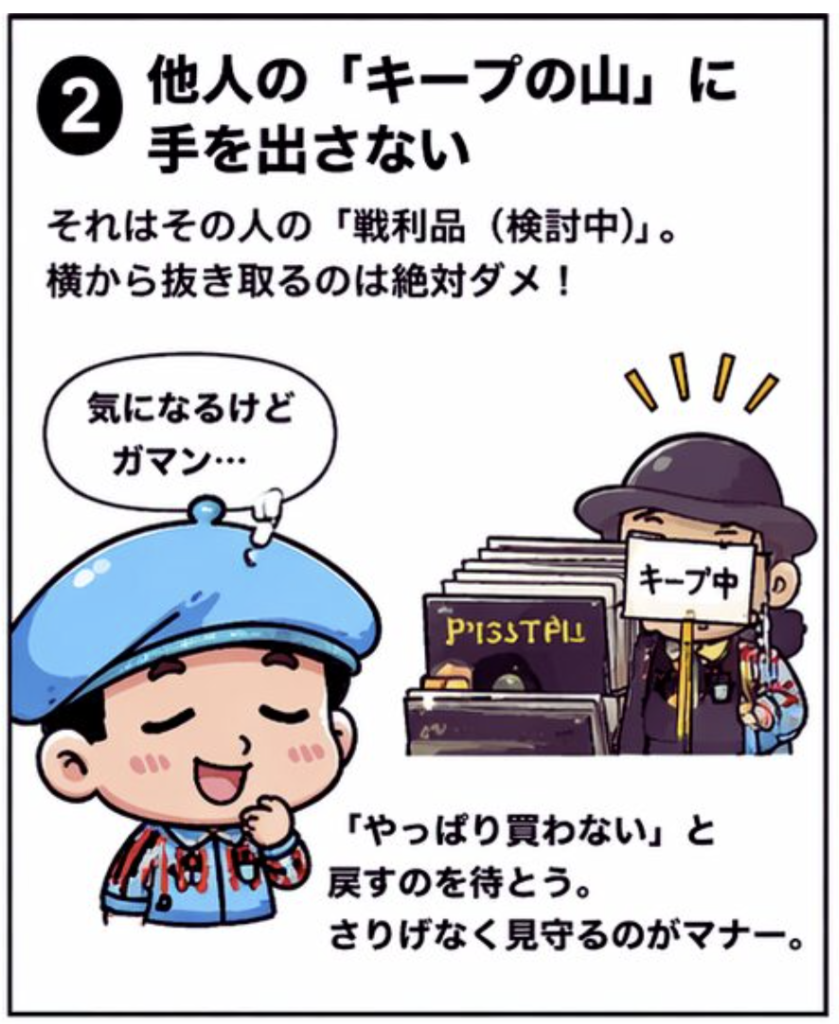 他人が「キープ中」の札を置いたレコードの山に手を出さず、気になっても我慢して見守るマナーを説明する漫画