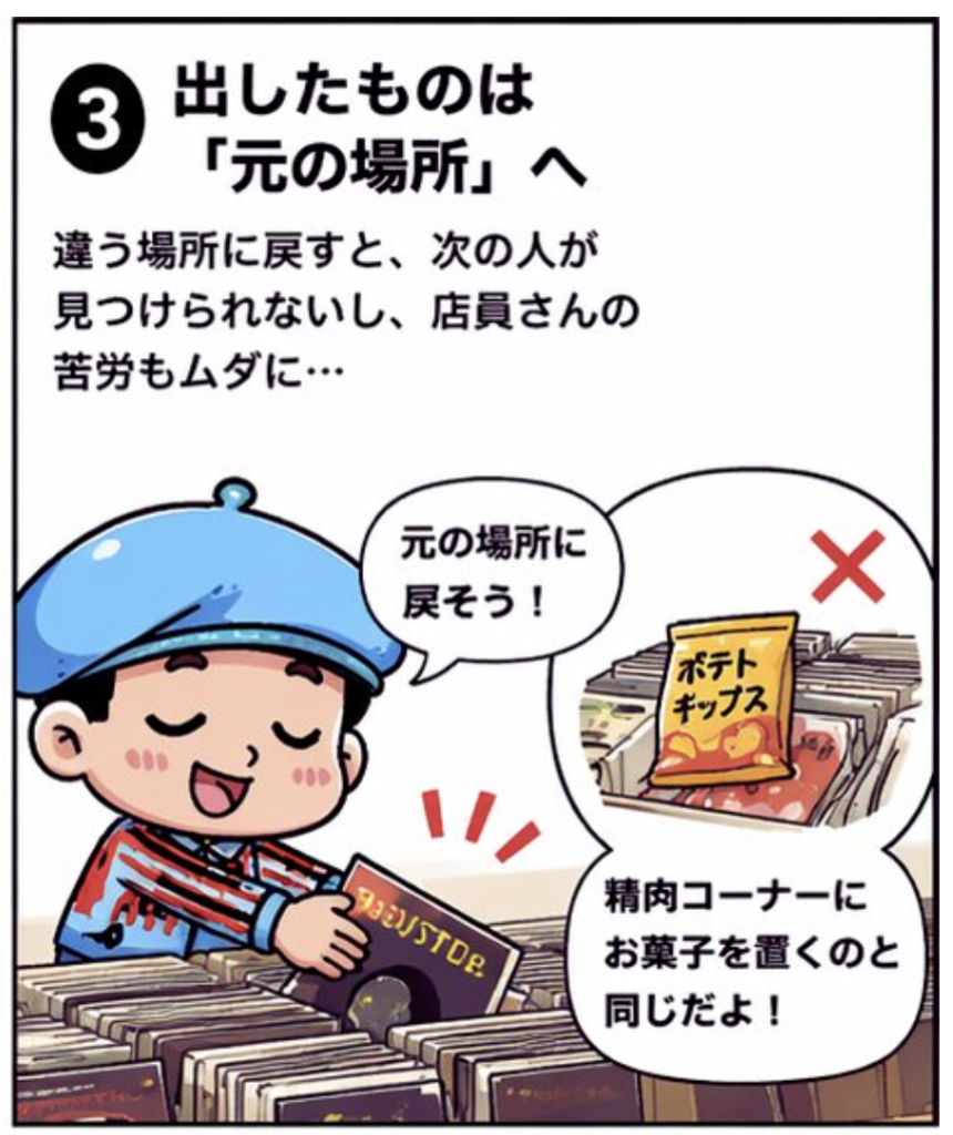 レコード屋で手に取った盤を元の場所に戻すよう呼びかける漫画