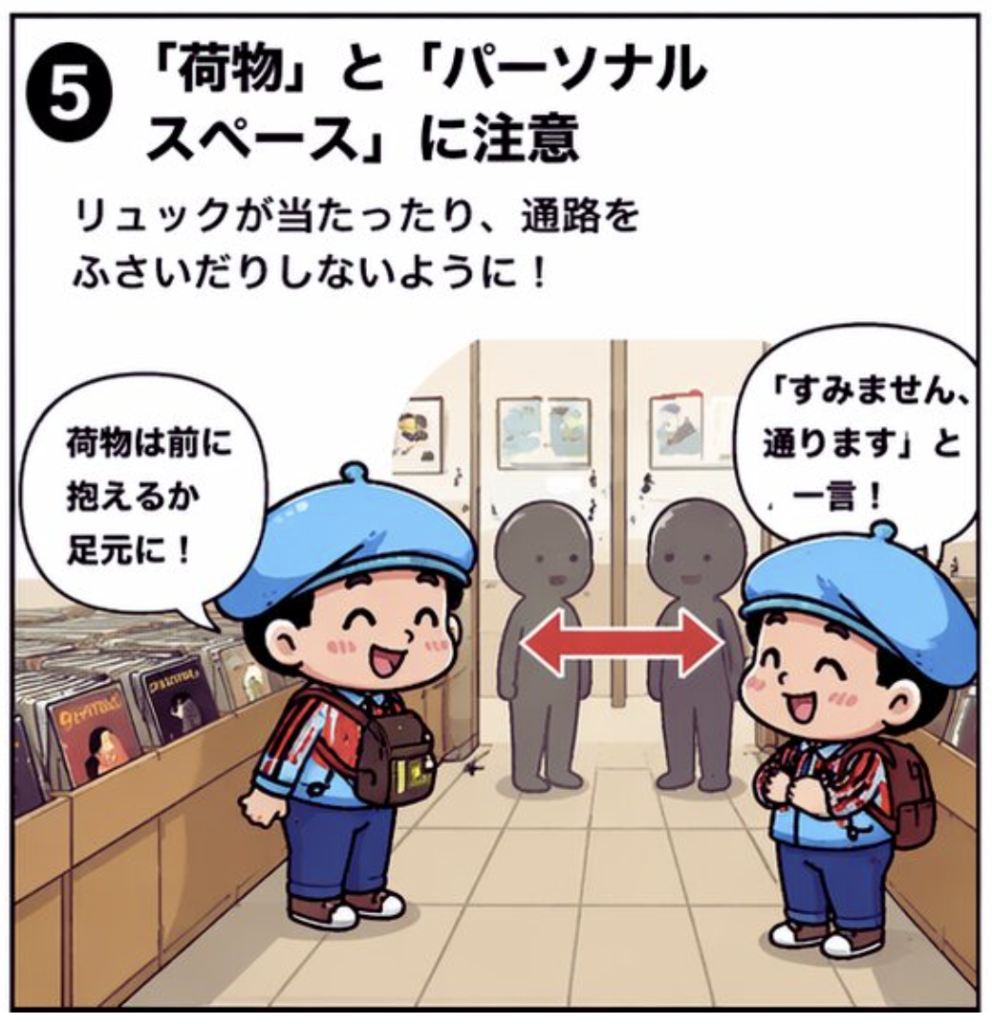 レコード屋の通路でリュックが他人に当たらないよう荷物と距離感に気をつけることを説明する漫画