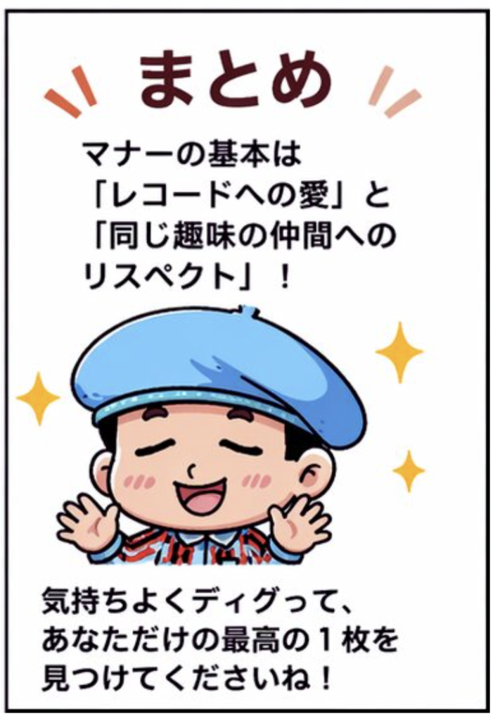 レコード屋でのマナーのまとめ:レコードへの愛と同じ趣味の仲間へのリスペクトが基本という漫画
